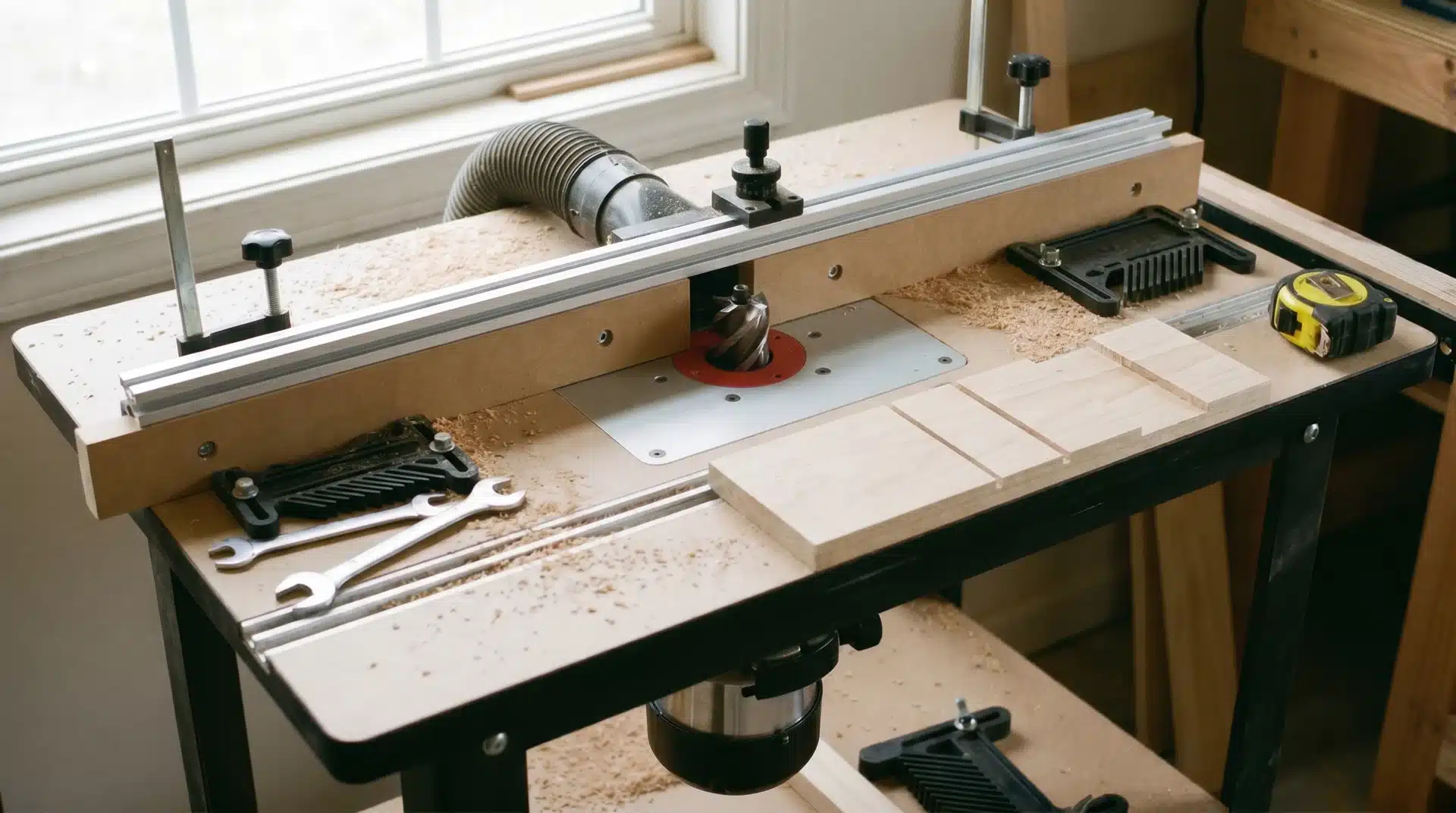 Scrap wood showing three progressive shallow router cuts of increasing depth side by side on a workbench in workshop light.