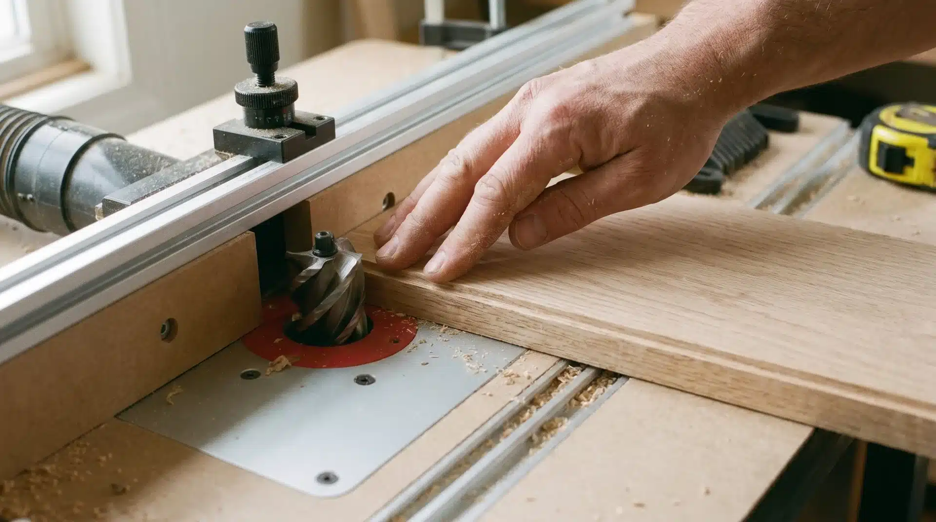 Hand examining the edge of a freshly routed wooden board on a router table after the router has stopped in natural workshop light.