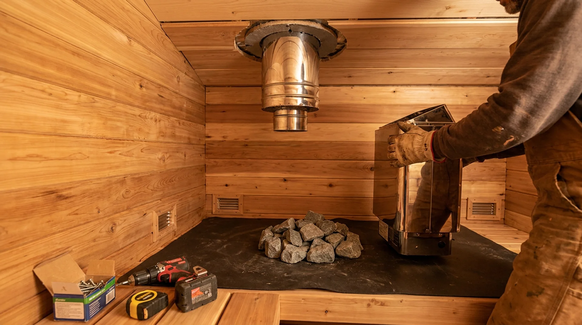 Installing a wood sauna heater and chimney pipe inside a finished cedar sauna interior.