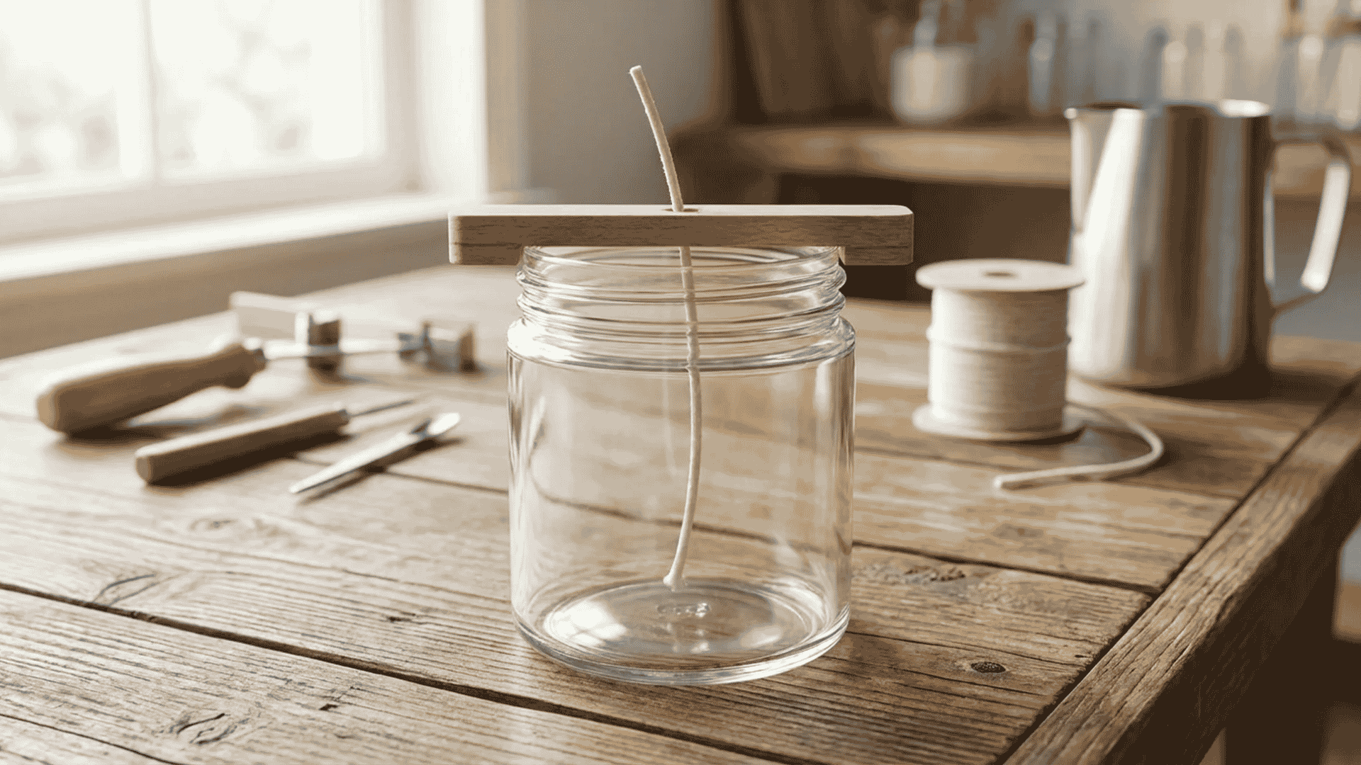 Wick centered in a candle jar using a wick holder