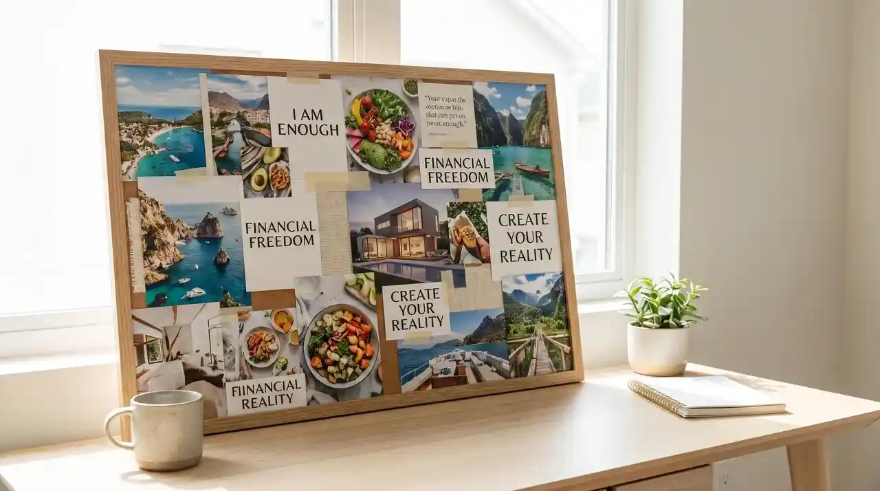 How to make a vision board step by step finished goal board collage natural light creative workspace planning inspiration.