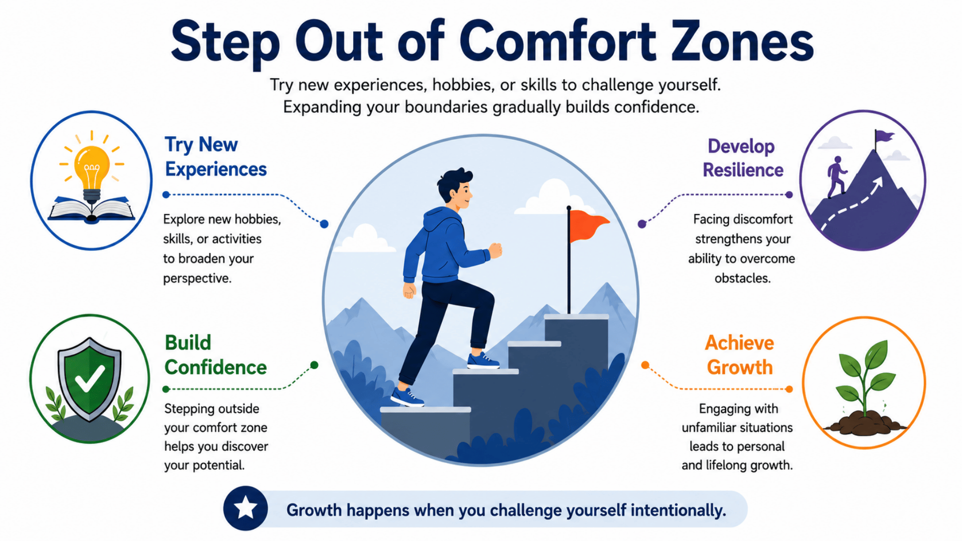 Infographic showing steps to step out of comfort zones with icons for new experiences, confidence, resilience, and growth.