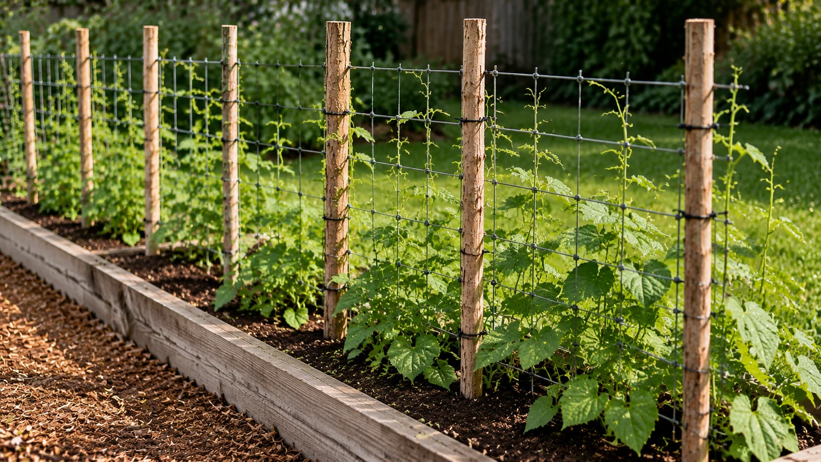 A low wire grid fence supported by wooden stakes running along a garden bed with small climbing plants.