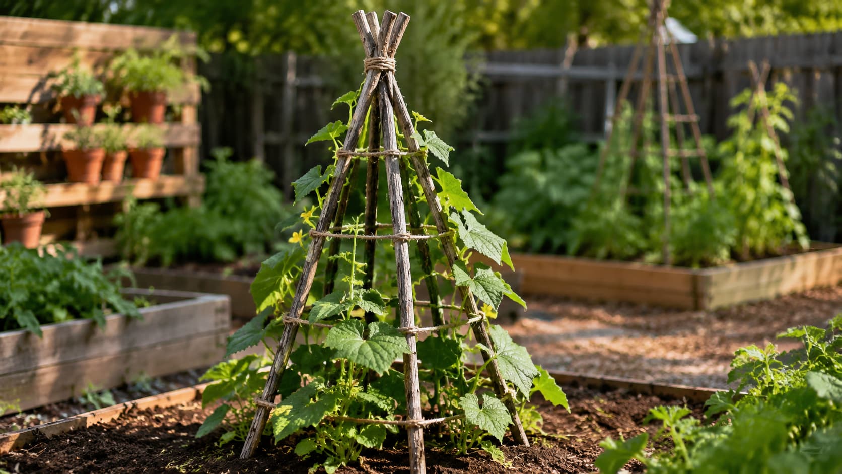 A teepee-shaped stick obelisk trellis in a sunny garden bed supporting climbing green vines and leafy plants.