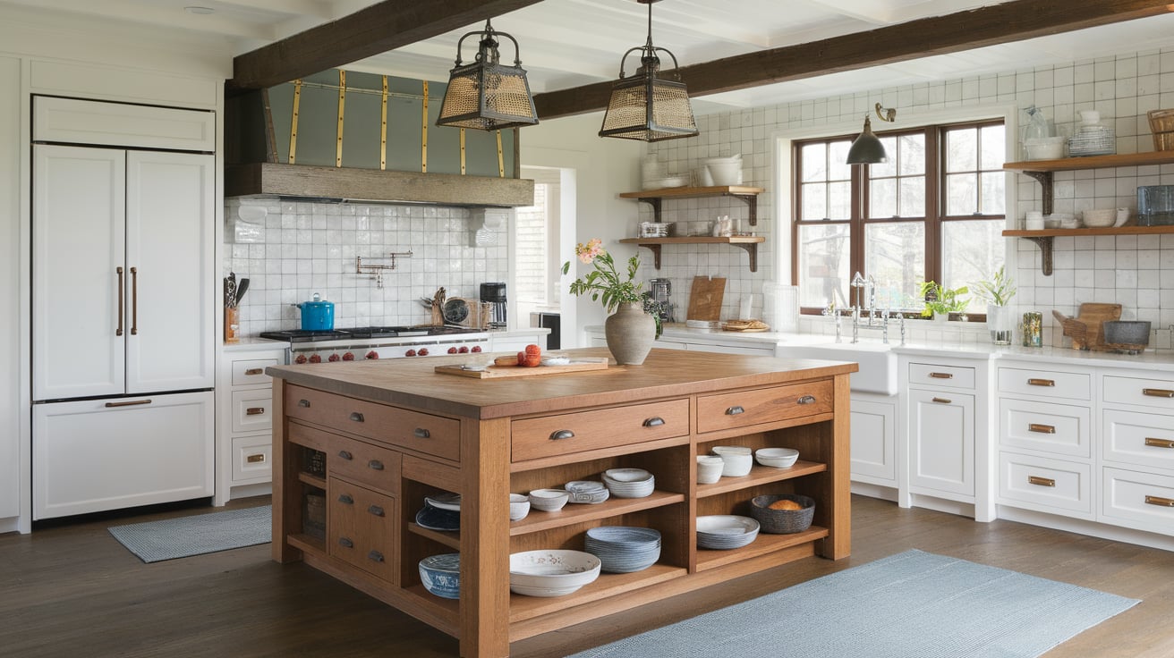 Craftsman kitchen with white cabinets, a central wood island, open shelves, and exposed ceiling beams.