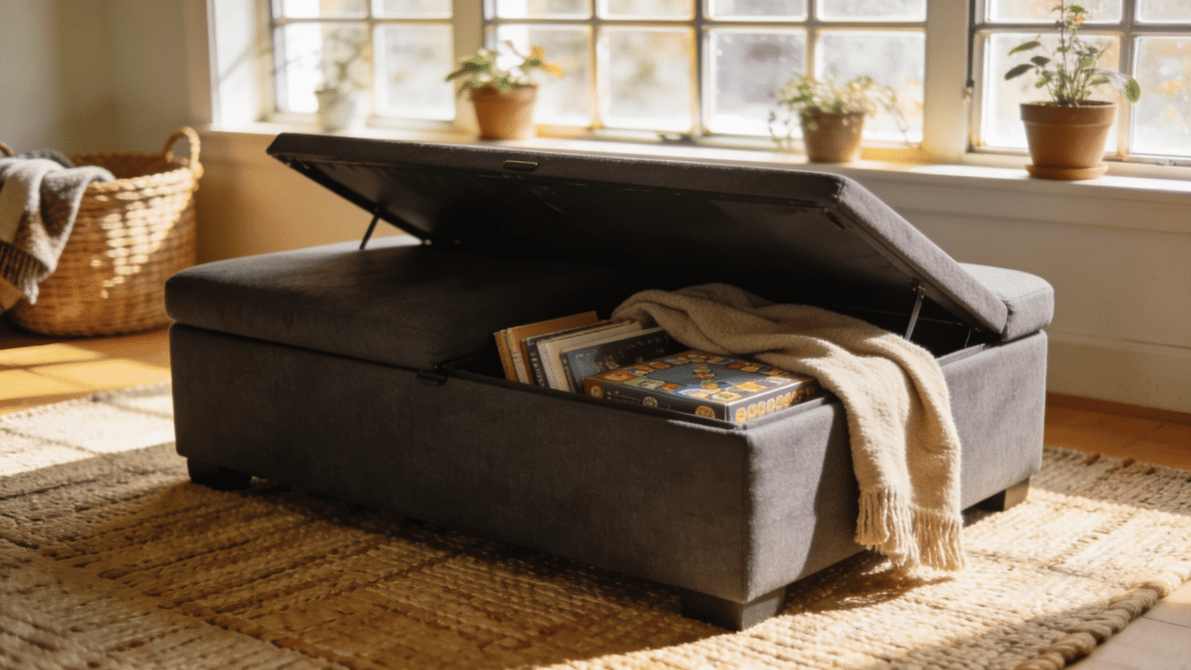 Storage ottoman with books and blanket inside, near a sunny window.