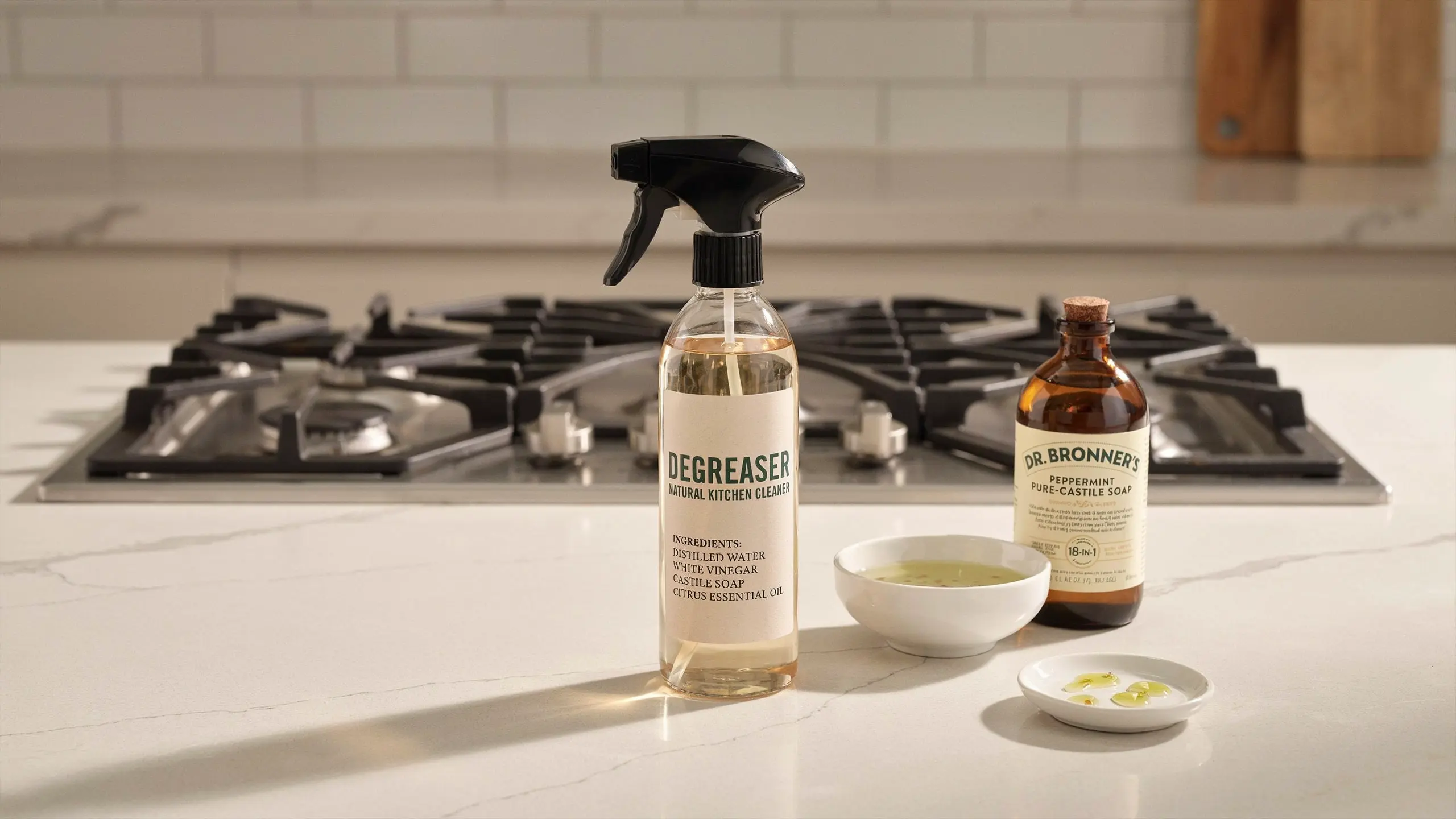 Kitchen counter with homemade degreaser spray bottle, Castile soap, and essential oil beside a clean stovetop.