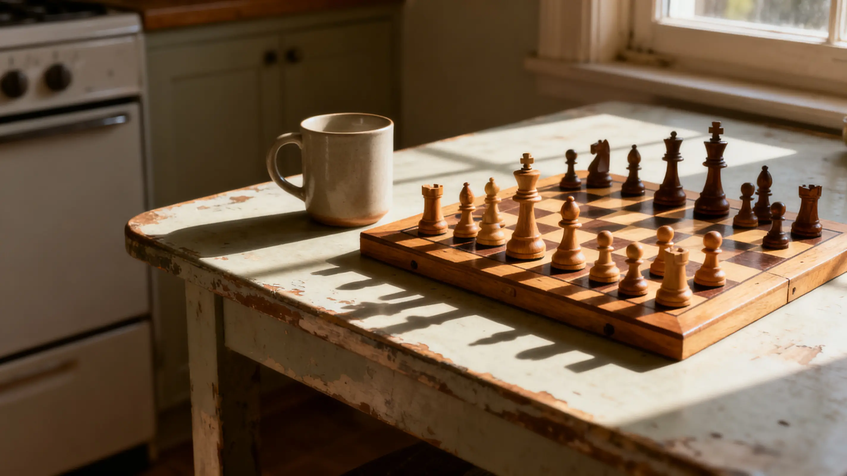 Chessboard with pieces and ceramic mug on rustic wooden table in sunlight