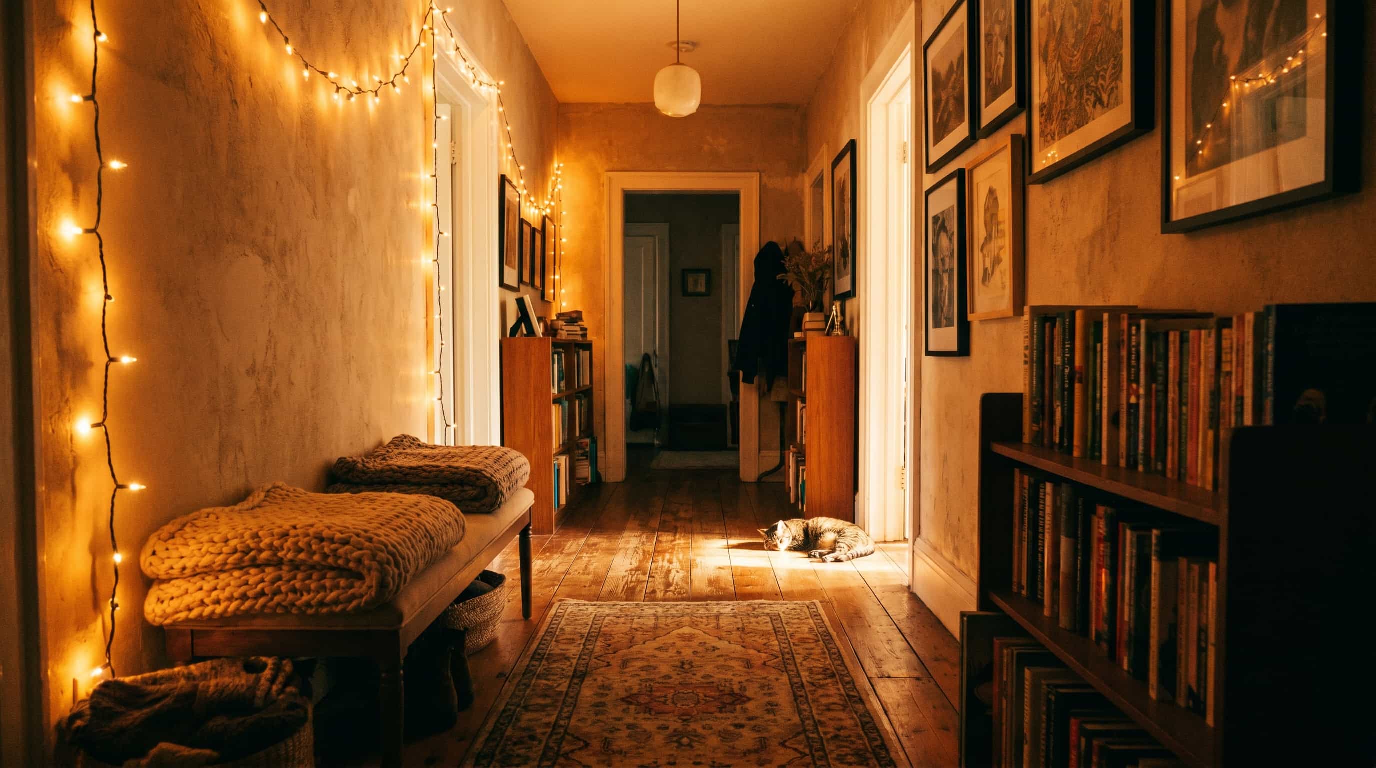 Sophisticated hallway decor ideas with vertically arranged artwork that emphasizes ceiling height and visual balance.