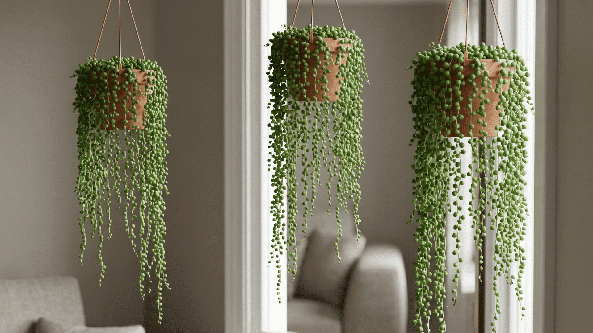String of Pearls trailing from an elevated pot with round bead-like leaves.