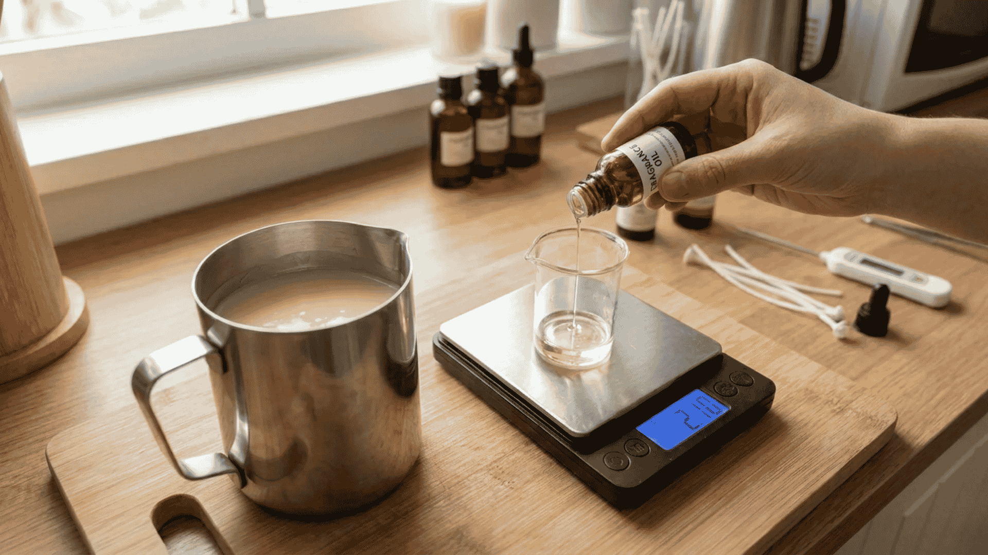 Fragrance oil being weighed on a digital scale for candle making