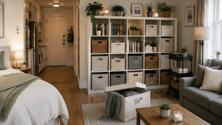 Studio apartment with shelving and storage boxes.