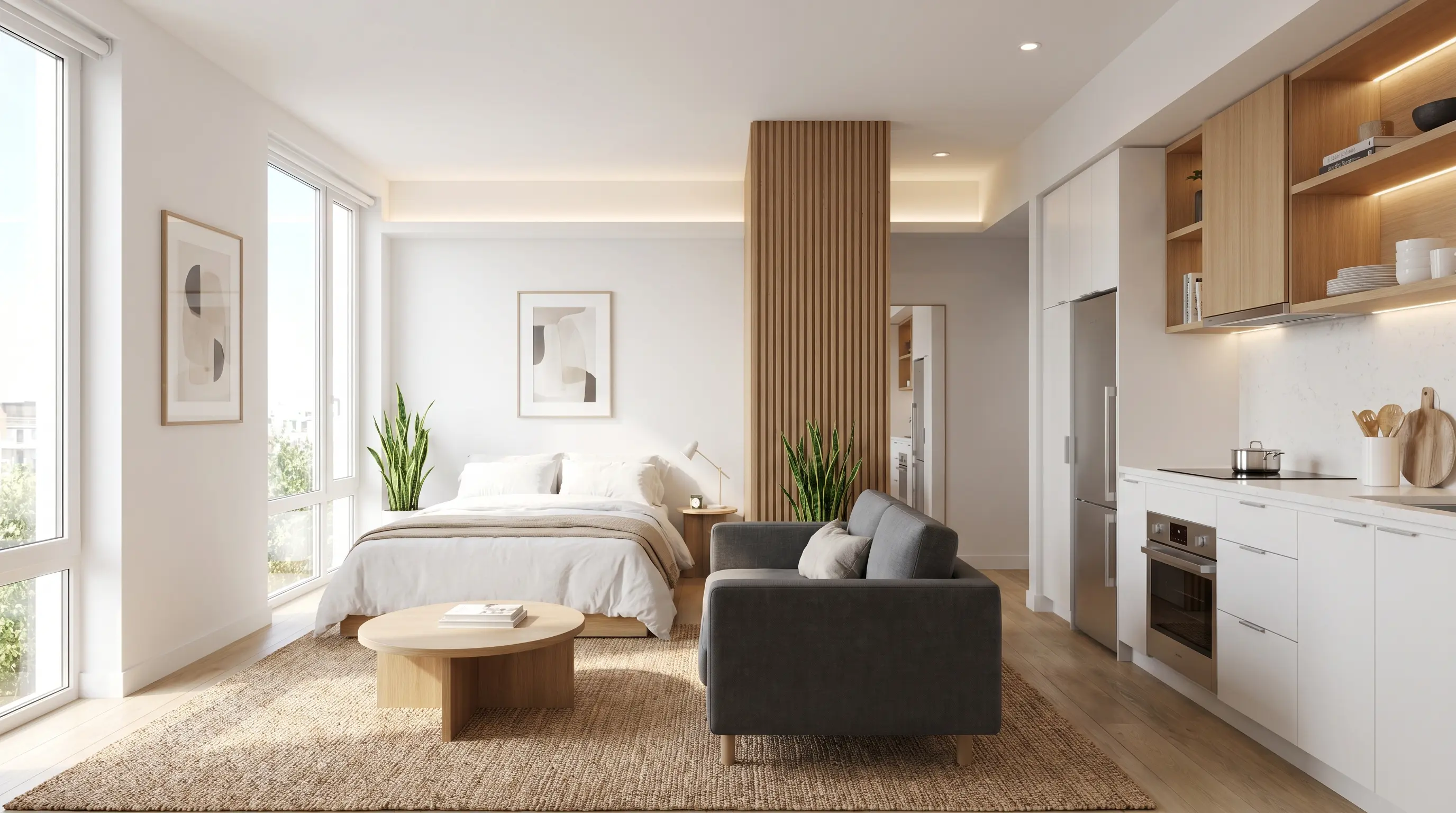 Modern studio apartment with an open-plan layout combining living, sleeping, and kitchen areas in a minimalist design with neutral tones and natural light.