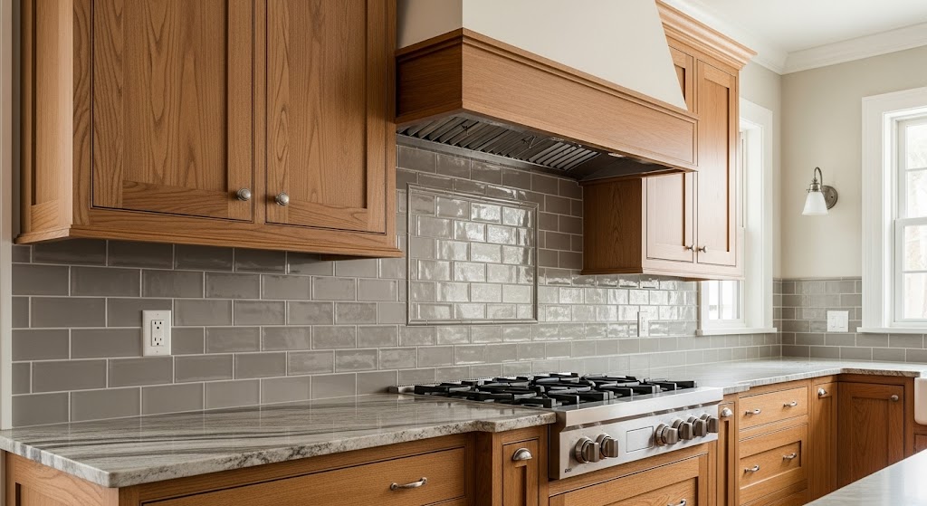 Craftsman kitchen with warm wood cabinets, a gray subway tile backsplash, and a stainless steel gas range.