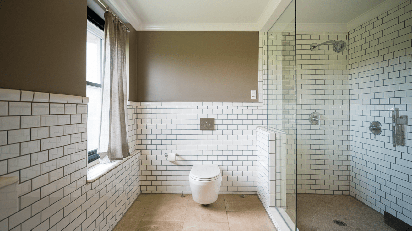 A bathroom featuring white subway tile wainscoting halfway up beige walls, a white toilet, and a glass shower door.