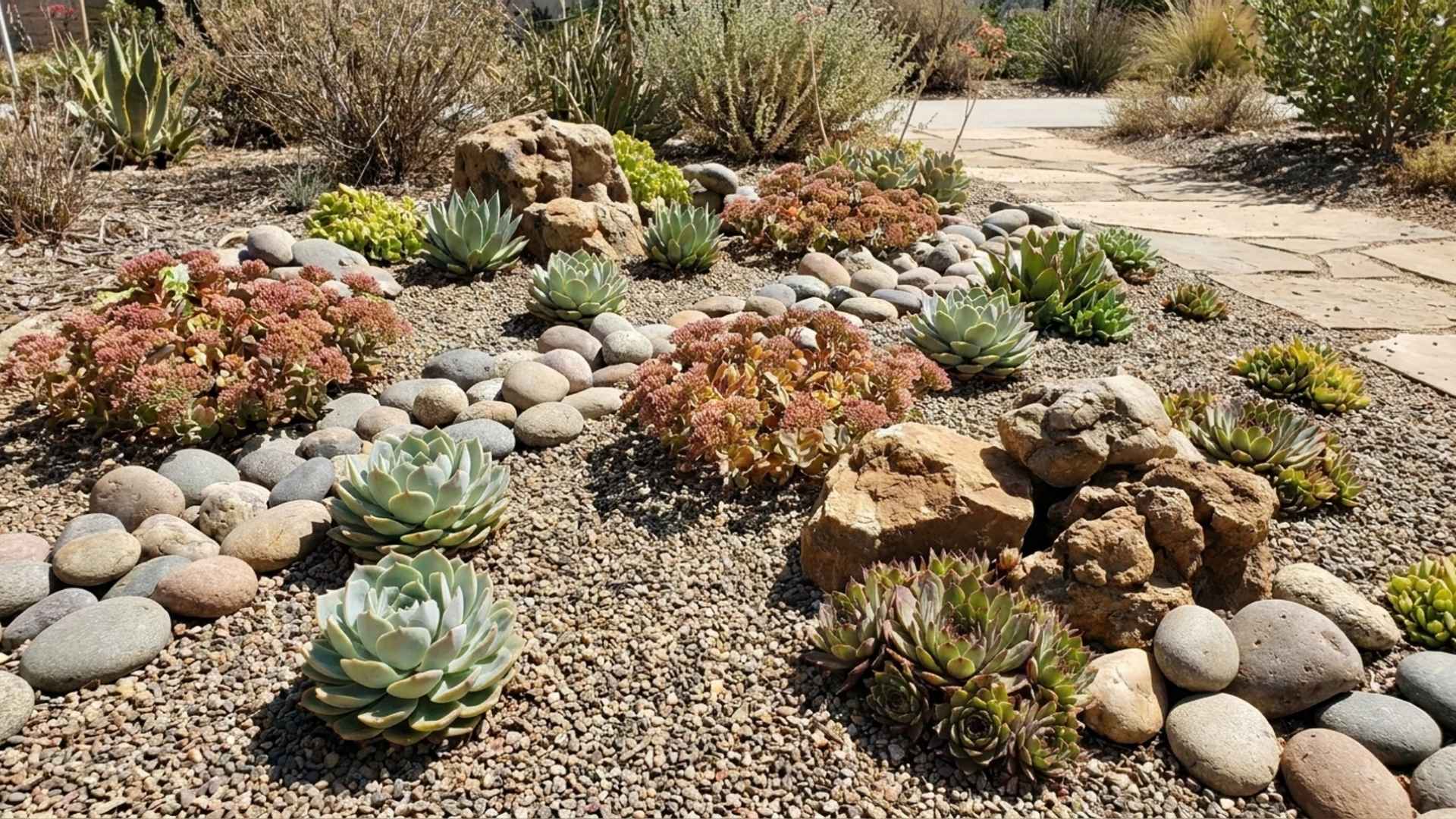 Succulent rock garden with pebbles, desert plants, and decorative stones along a pathway.
