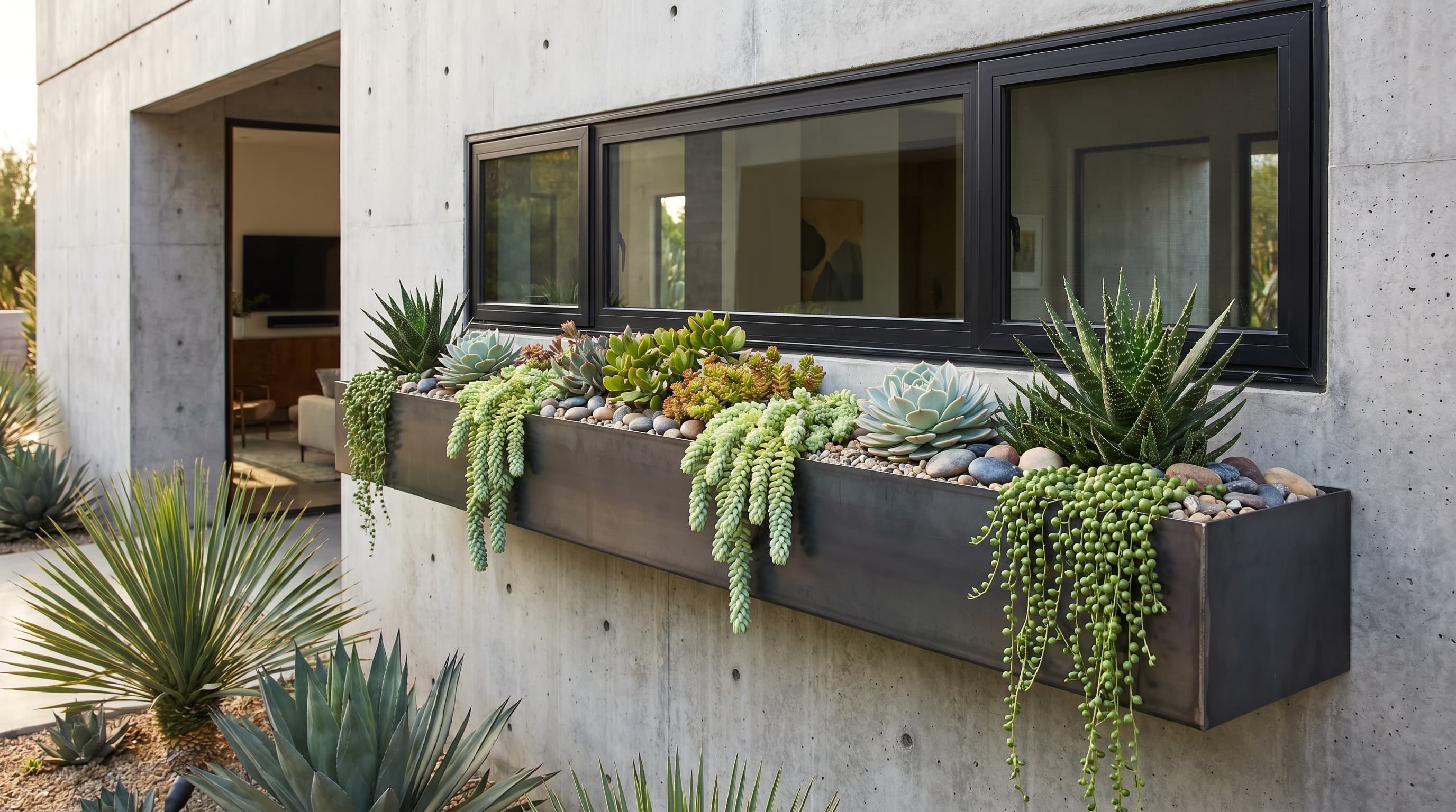 Succulent arrangement in modern planter showing creative window box ideas.