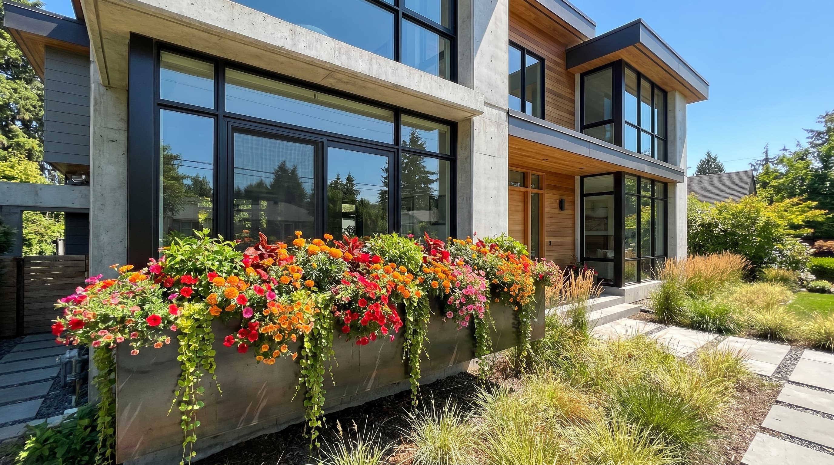 Summer blooms with vibrant greenery demonstrating lively window box ideas.