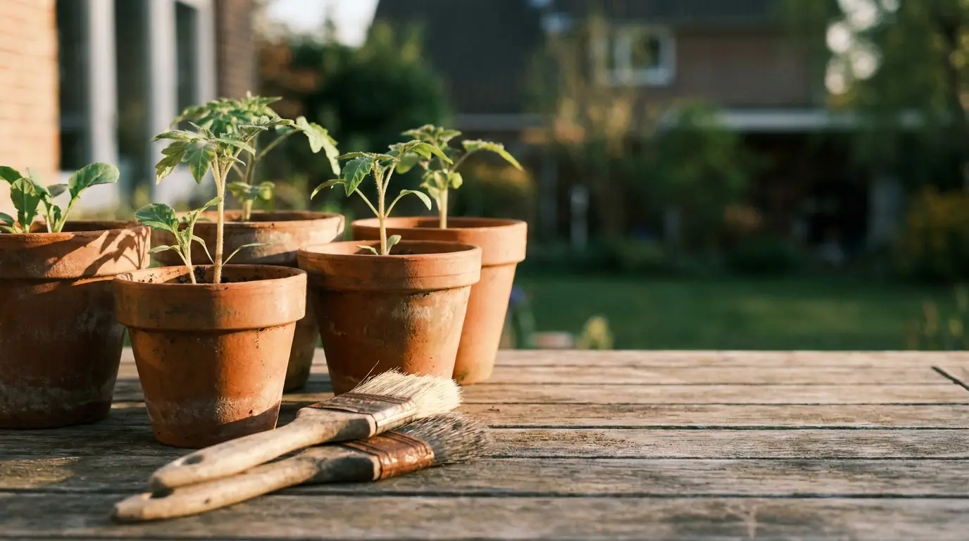 Terracotta pots with young plants on wooden table in sunny garden setting