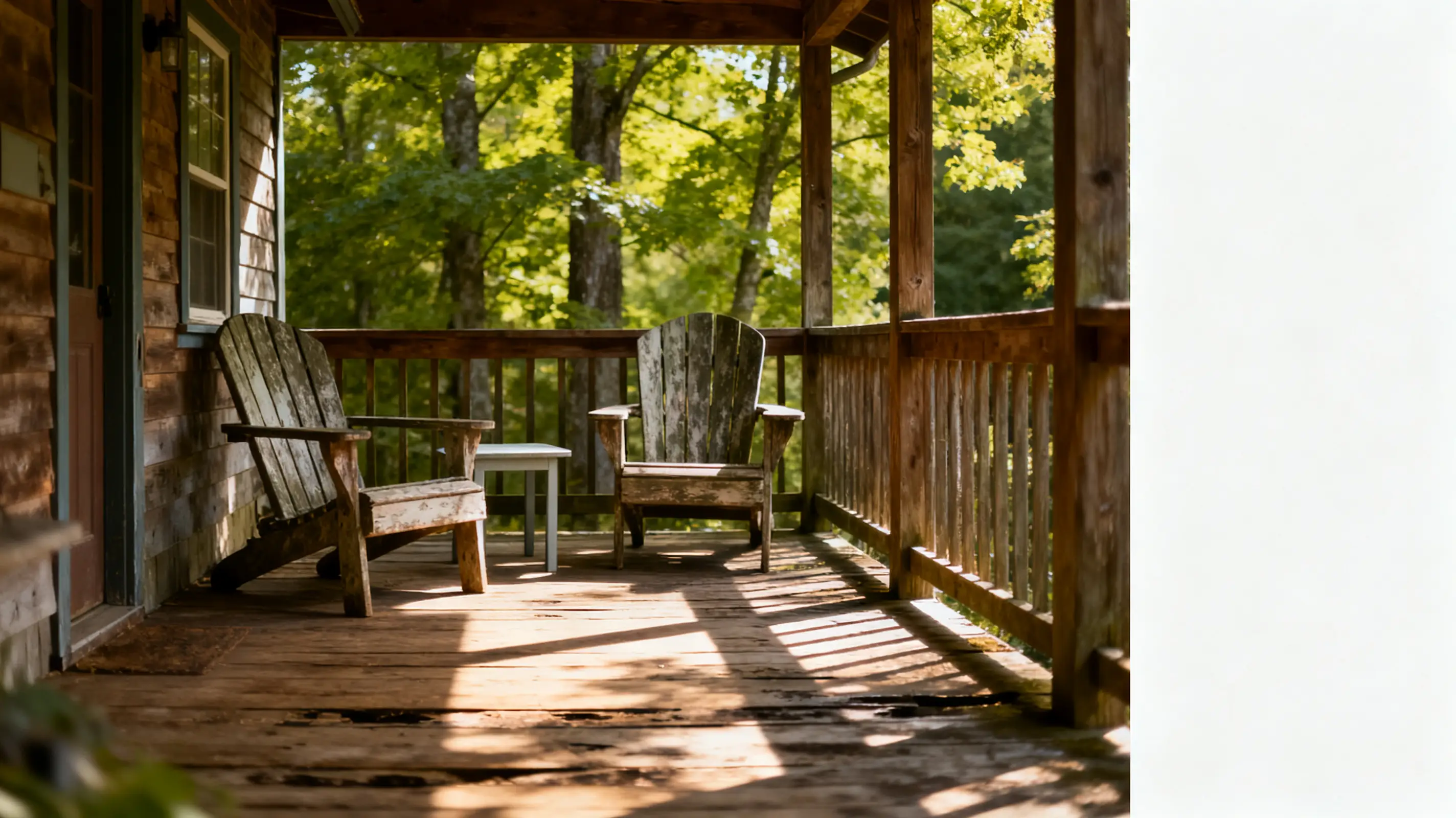 Rustic outdoor porch with wooden chairs and green forest backdrop under natural sunlight