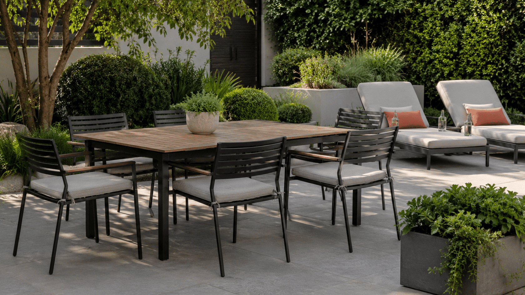Sunlit patio with wood table, metal chairs, loungers, and greenery.