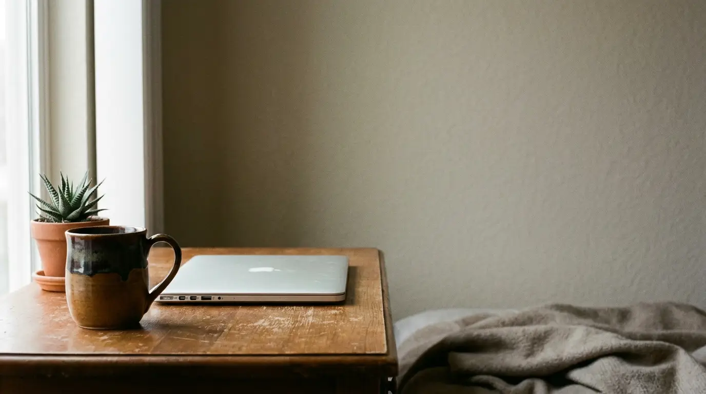 Mug, closed laptop, and plant on wooden table by a sunny window