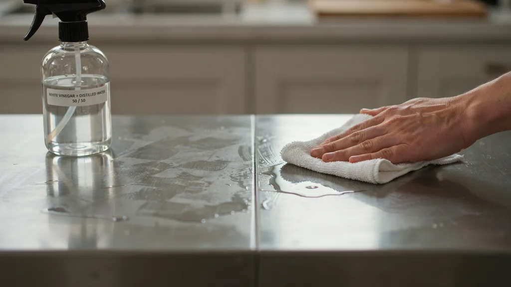 Hand wiping stainless steel surface with microfiber cloth as vinegar-water spray bottle sits nearby, removing fingerprints
