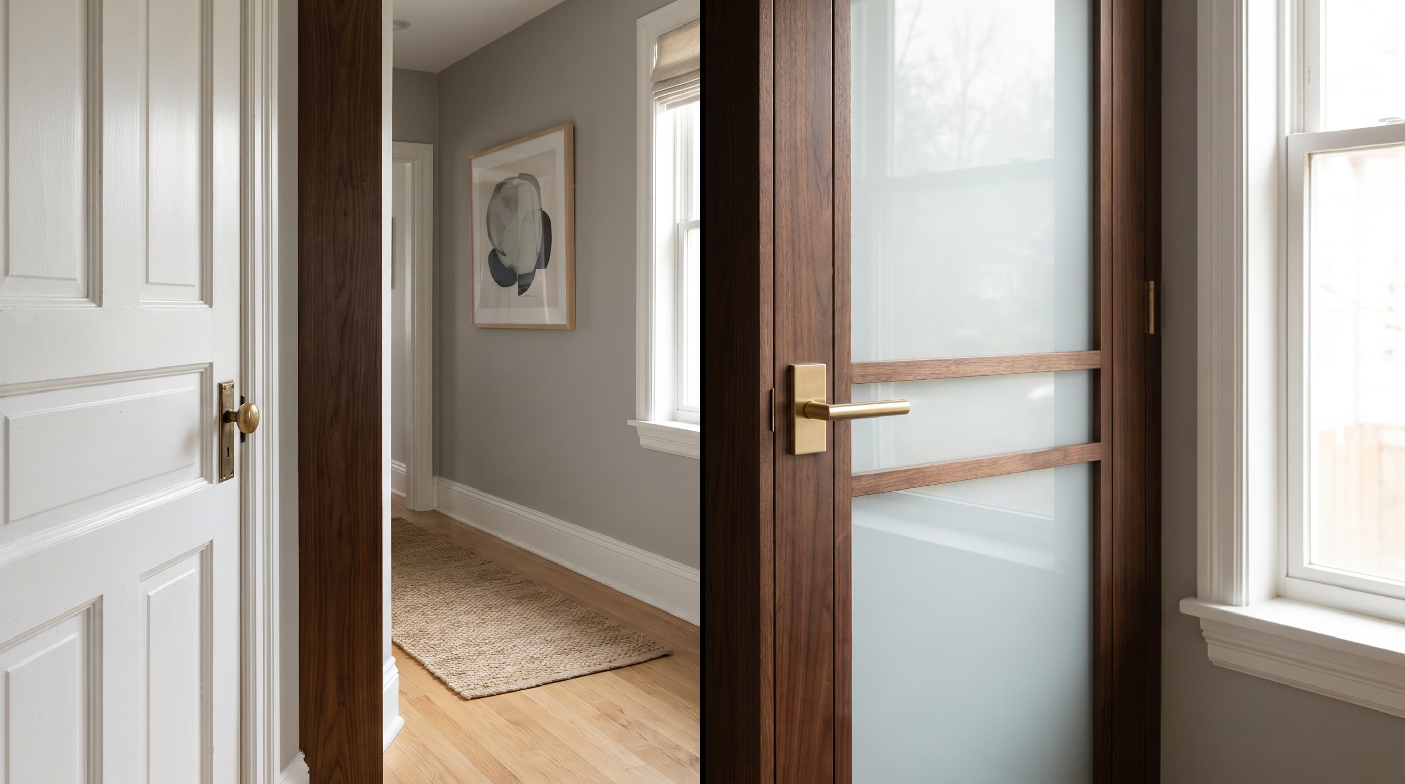 Simple hallway decor ideas highlighting updated door hardware, frosted glass panels, and warm wood trim for a refined finish.