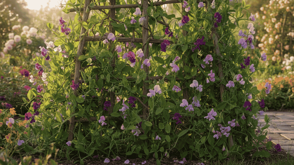 Ruffled, winged sweet pea flowers in deep bicolor purple and soft violet.