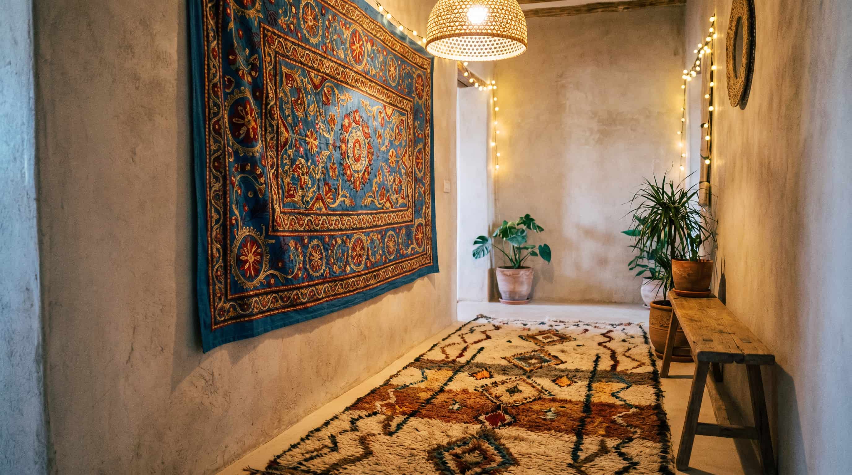 Cozy hallway decor ideas showcasing a colorful tapestry, textured rug, warm lighting, and relaxed bohemian styling.