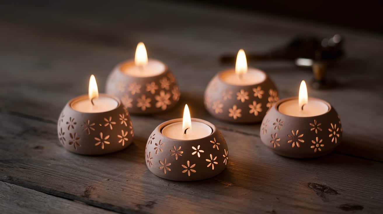 Five small clay tea light candle holders with carved starburst patterns, lit up on a rustic wooden surface.