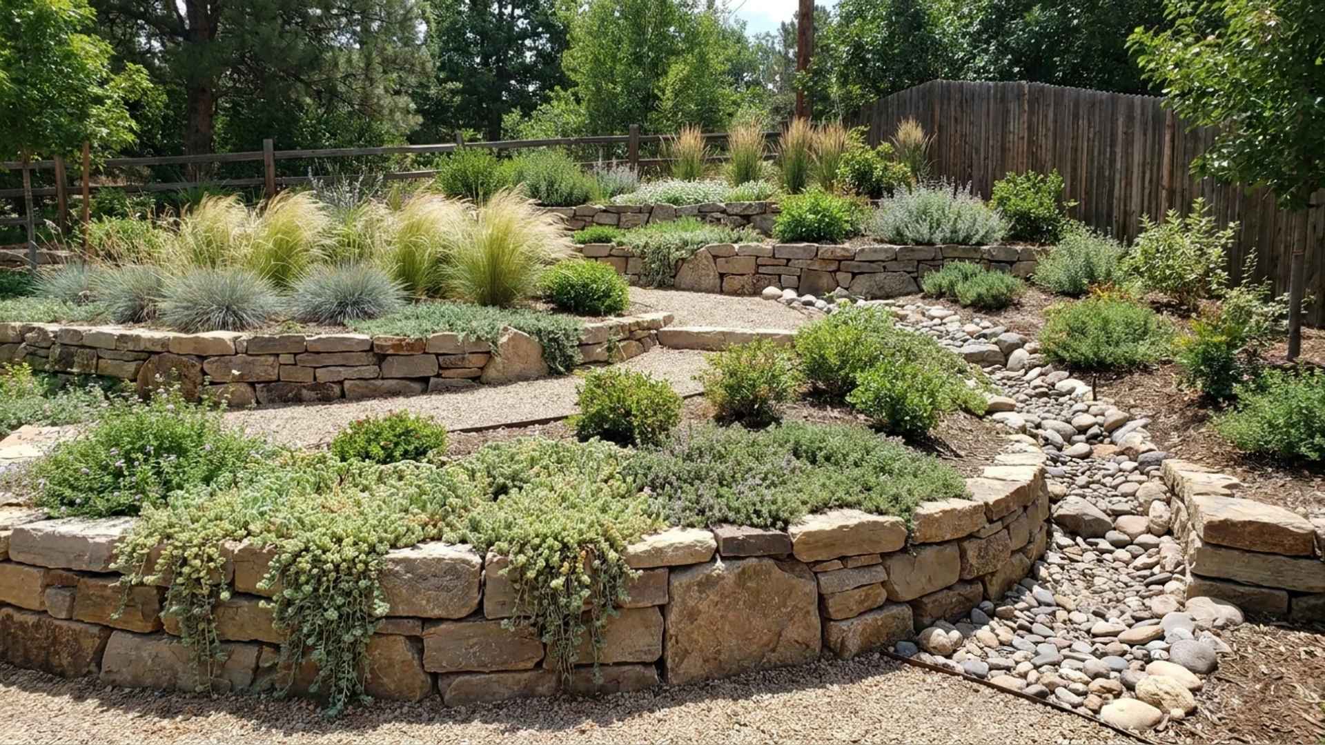 Terraced rock wall garden with layered stone beds, shrubs, and gravel pathways on a sloped yard.