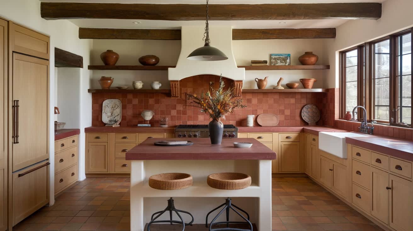 Craftsman kitchen with honey wood cabinets, a warm red terracotta tile backsplash, and an island.