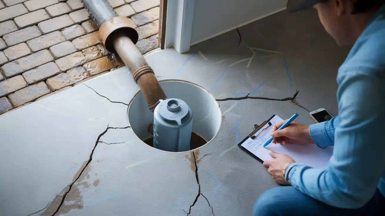 An inspector using a clipboard to check a newly installed sump pump basin and drainage pipe in a cracked basement floor.