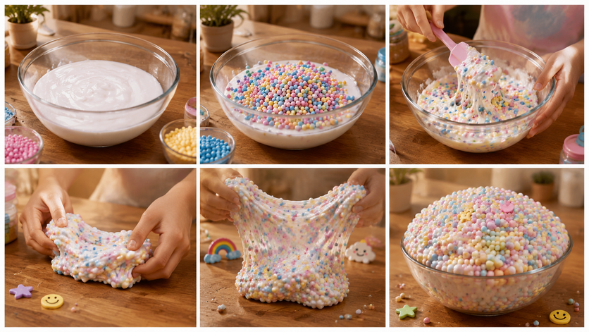 Step-by-step slime making process showing crunchy slime being mixed with foam beads in a glass bowl on a wooden countertop