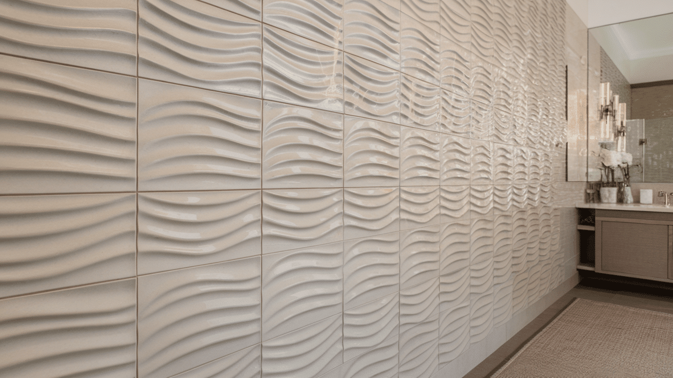 Modern bathroom featuring a textured wall panel with a three-dimensional wave pattern in neutral tones.