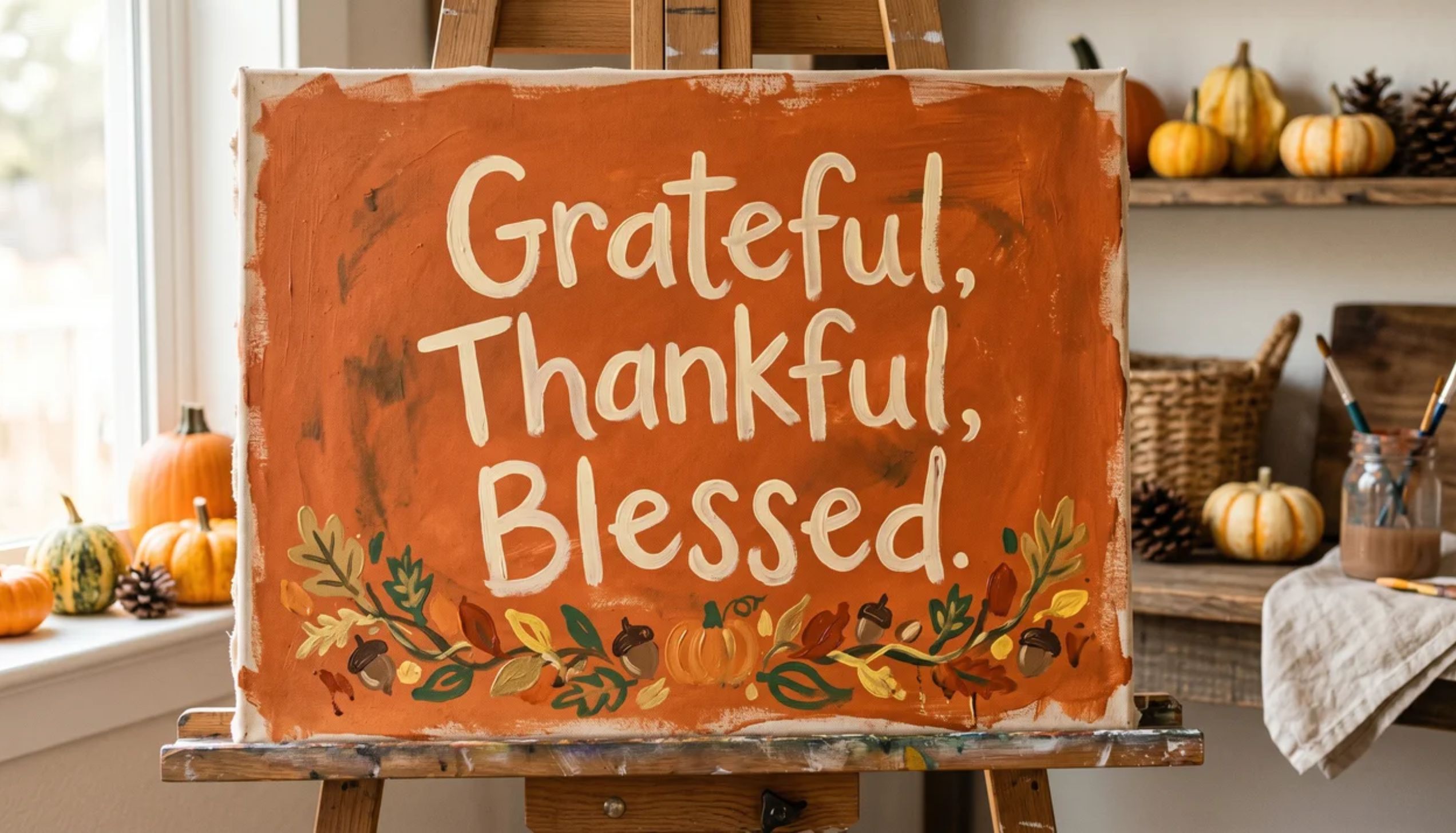 An orange canvas painting that reads Grateful, Thankful, Blessed on an easel. Fun and easy thanksgiving crafts.