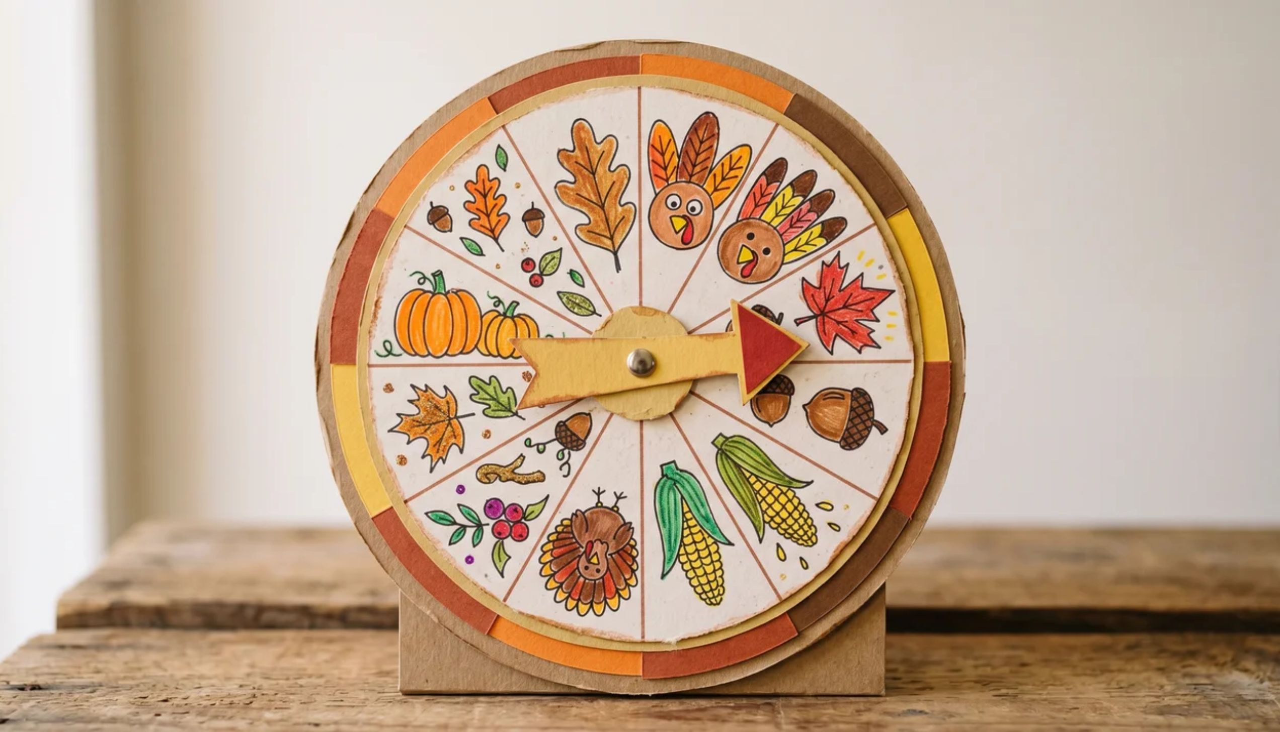A cardboard spinner wheel with autumn drawings, a fun choice for easy thanksgiving crafts.