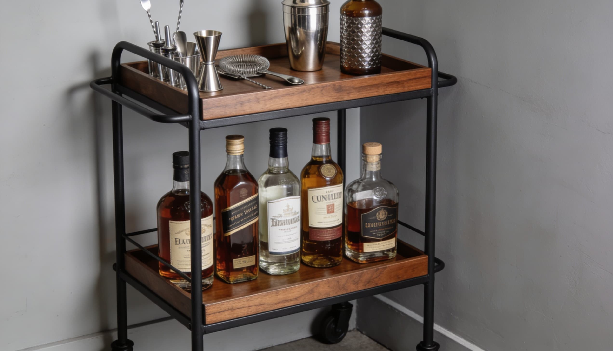 Industrial-style bar cart with wooden shelves, liquor bottles, metal frame, and compact rolling design.