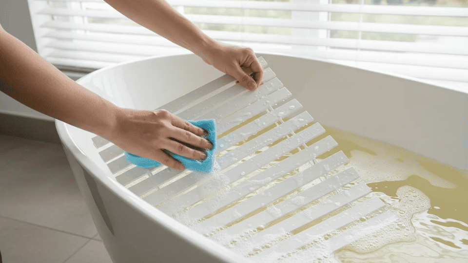 Hands cleaning window blinds in a bathtub filled with soapy water during deep cleaning process.