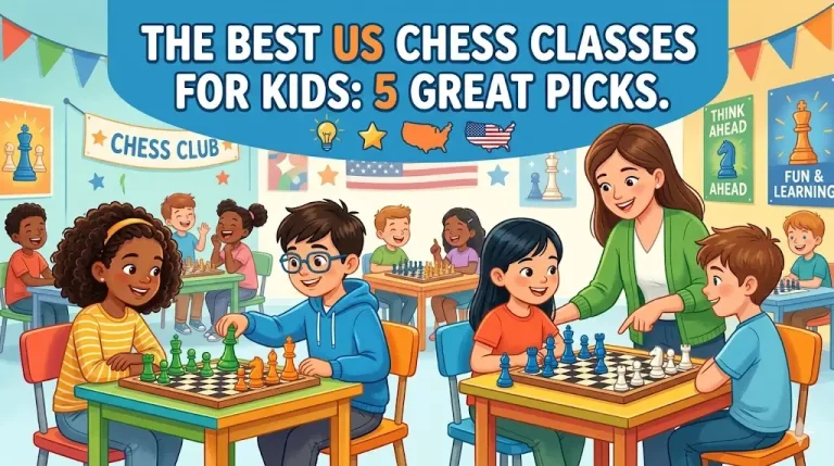 Children playing chess in a colorful classroom with teacher instructing beside chess-themed posters