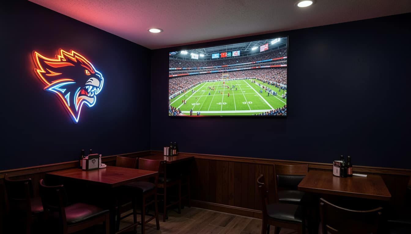 Sports-themed entertainment room with neon wall sign, football game on TV, and dark modern bar seating.