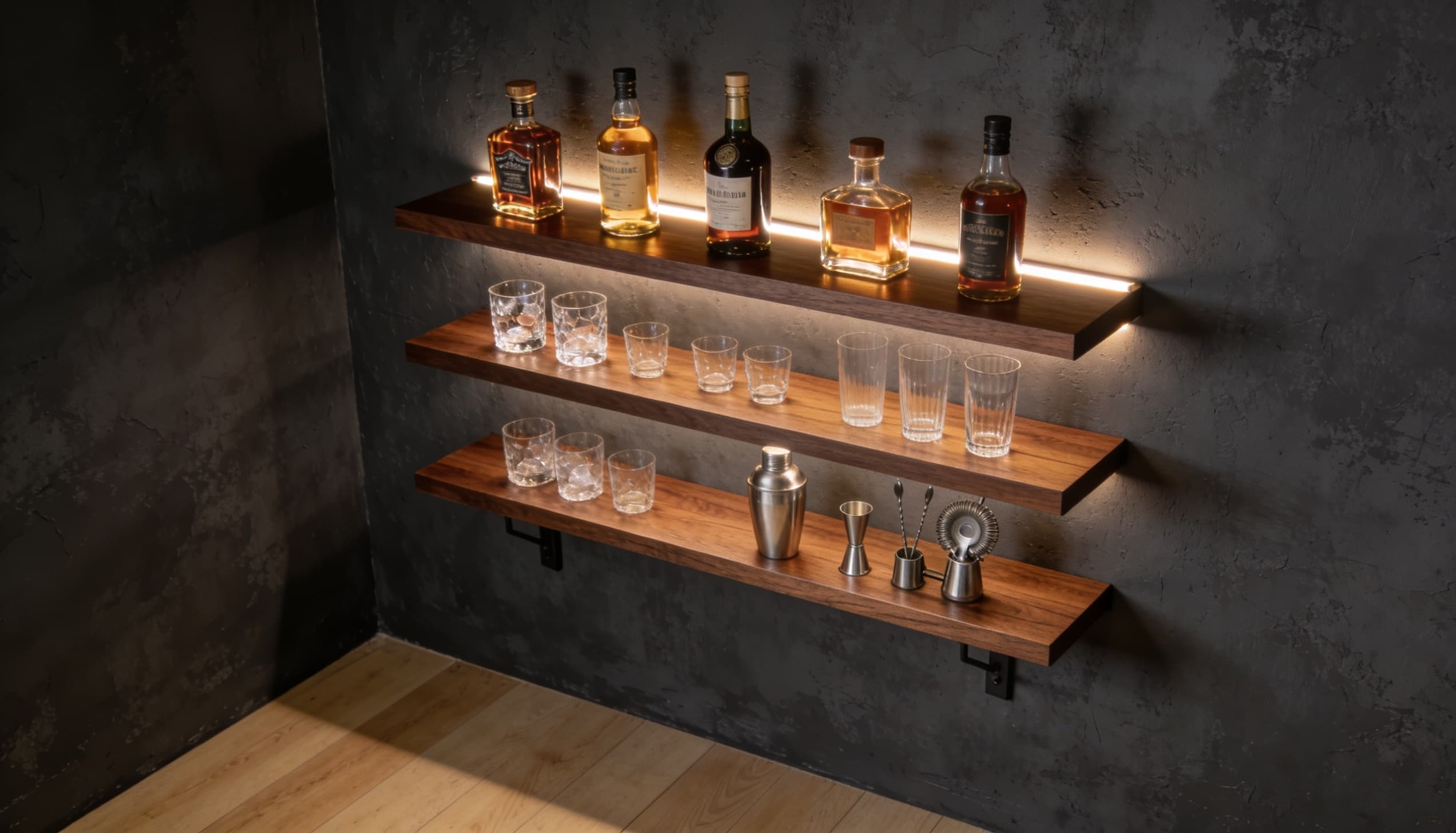 Modern floating bar shelves with whiskey bottles, glassware, dark textured walls, and warm LED lighting.