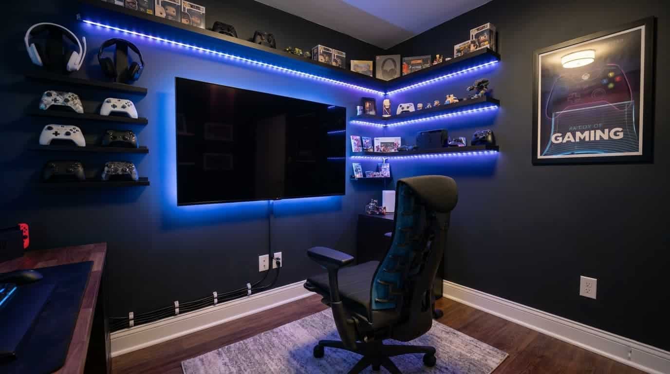 Modern gaming room with LED lighting, wall-mounted controller displays, gaming chair, and sleek dark decor.