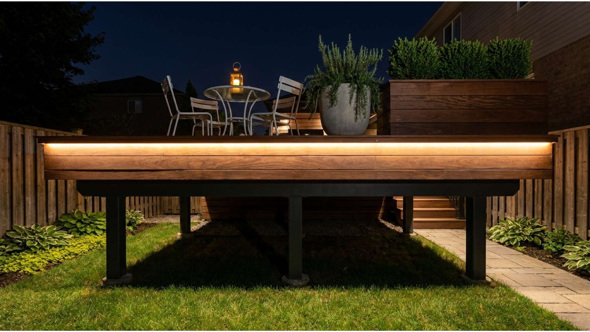 Elevated deck at night with warm amber LED light glowing from inside the fascia board along the outer deck edge