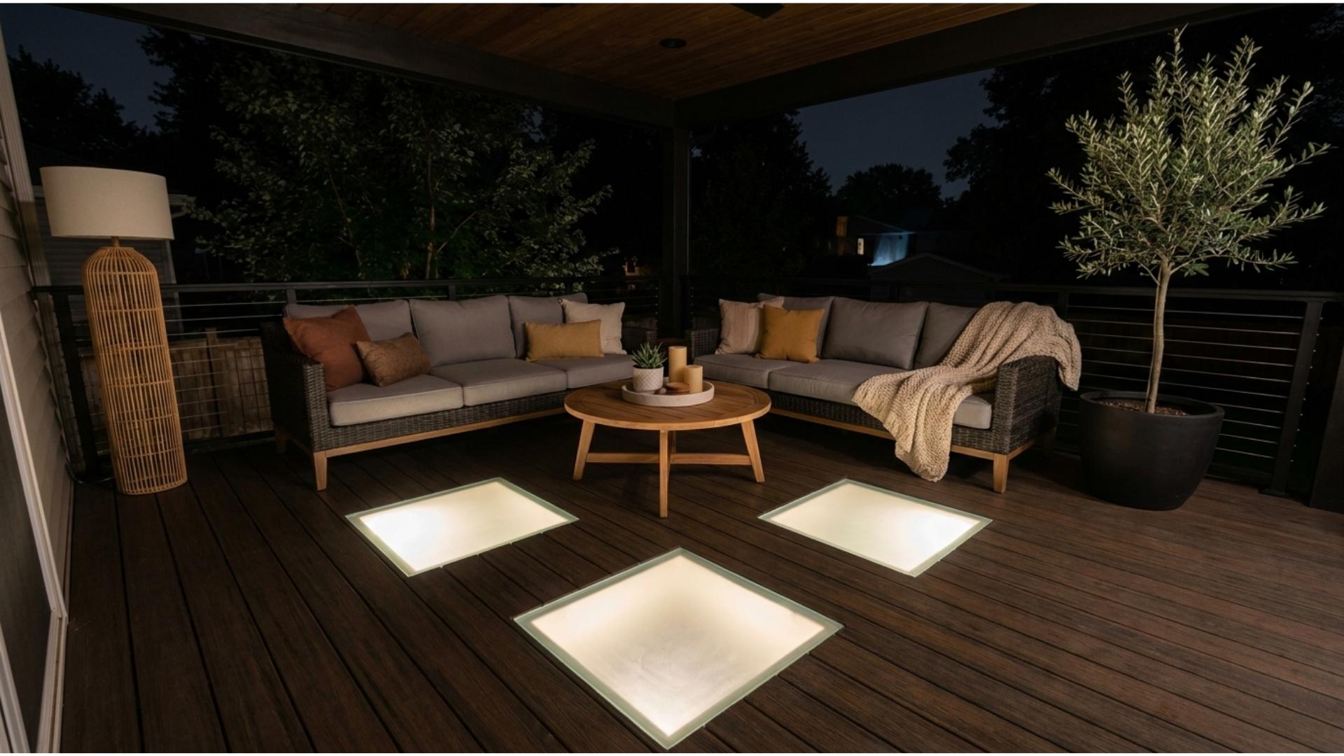 Covered outdoor deck at night with frosted glass floor panels glowing softly from below near a low seating area