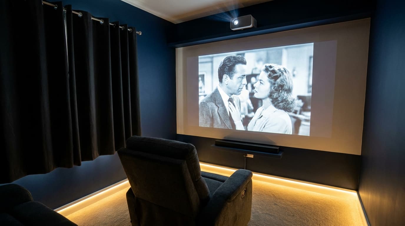 Dark home theater room with projector screen, recliner seating, ambient floor lighting, and acoustic wall panels.