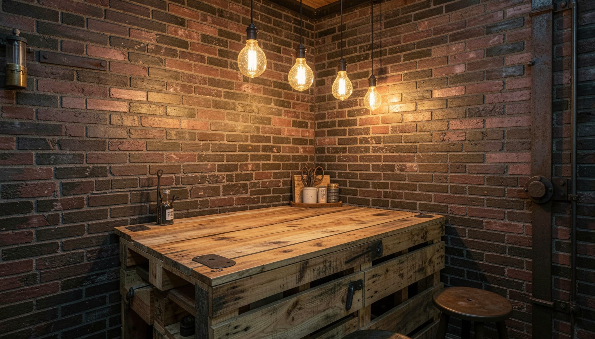 Rustic brick-walled nook with reclaimed wood table, hanging Edison lights, and industrial-style seating.