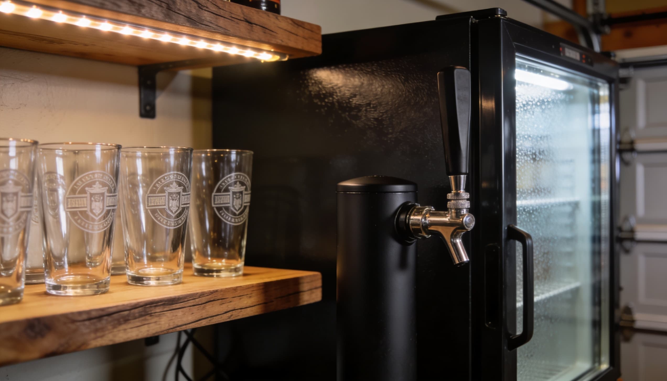 Home bar corner with beer tap, glassware shelves, mini fridge, and rustic industrial styling.