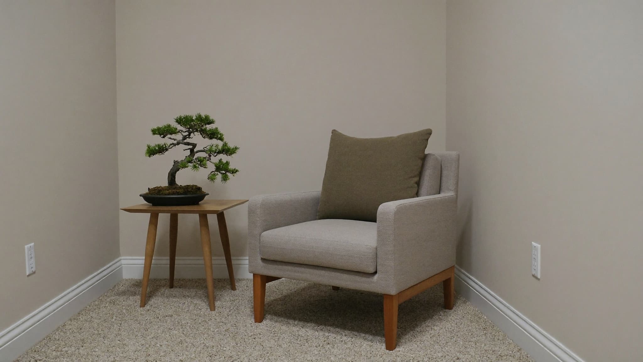Minimalist reading corner with upholstered armchair, small bonsai table, and clean neutral walls.